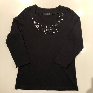 Betty Barclay Scoop Neck 3/4 Sleeve Top with Circle Detail Black + Silver Sz 8